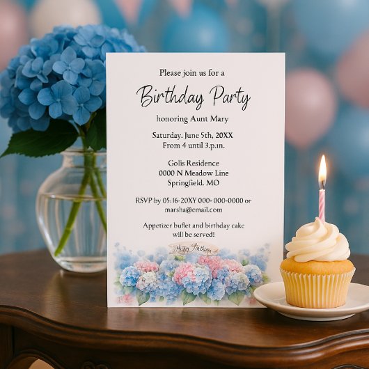 Birthday Party Blue Hydrangea Flower Invitation Kaart