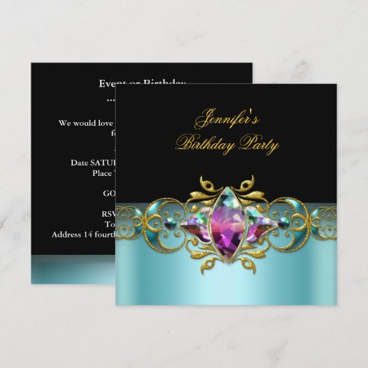 Birthday Party Blue Lila roze Black  Afbeelding Kaart (Voorkant / Achterkant)