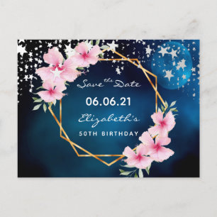 Birthday party blue moon roze floral Save the Date Briefkaart