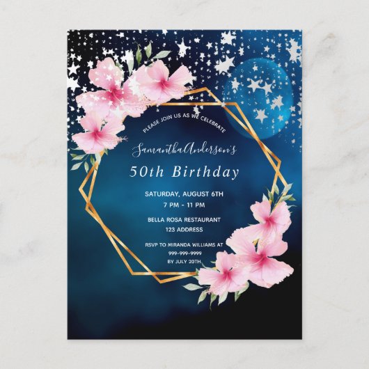 Birthday party blue roze florals uitnodiging (Voorkant)