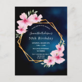 Birthday party blue roze florals uitnodiging (Voorkant)