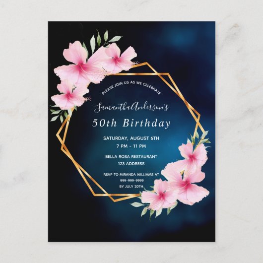 Birthday party blue roze florals uitnodiging (Voorkant)