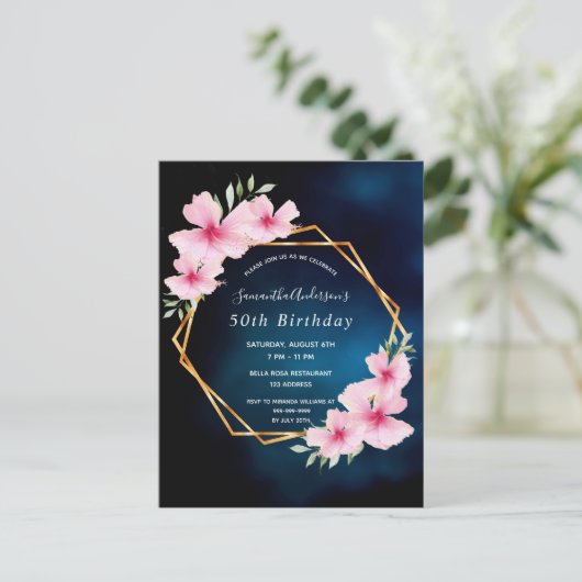 Birthday party blue roze florals uitnodiging (Staand voorkant)