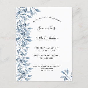 Birthday party blue white botanical floral modern uitnodiging briefkaart