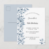 Birthday party blue white botanical floral modern uitnodiging briefkaart (Voorkant / Achterkant)