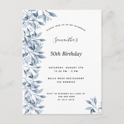 Birthday party blue white botanical floral modern uitnodiging briefkaart (Voorkant)