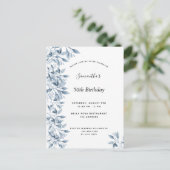 Birthday party blue white botanical floral modern uitnodiging briefkaart (Staand voorkant)