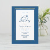 Birthday party blue white gold minimalist kaart (Staand voorkant)