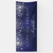 Birthday party blue zilverglitter stofnaam spandoek (Verticaal)