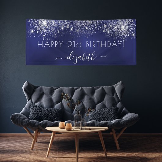 Birthday party blue zilverglitter stofnaam spandoek