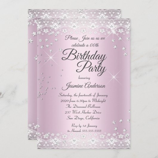 Birthday Party Blush Pink Silver Sparkle lace Kaart (Voorkant / Achterkant)