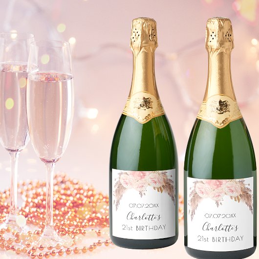 Birthday party blush roos floral pampa gras name sparkling wijnetiket