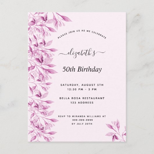 Birthday party blush roze florals botanische moder briefkaart (Voorkant)