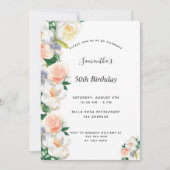 Birthday party blush roze florals white kaart (Voorkant)
