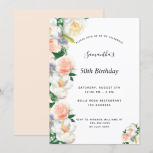 Birthday party blush roze florals white kaart