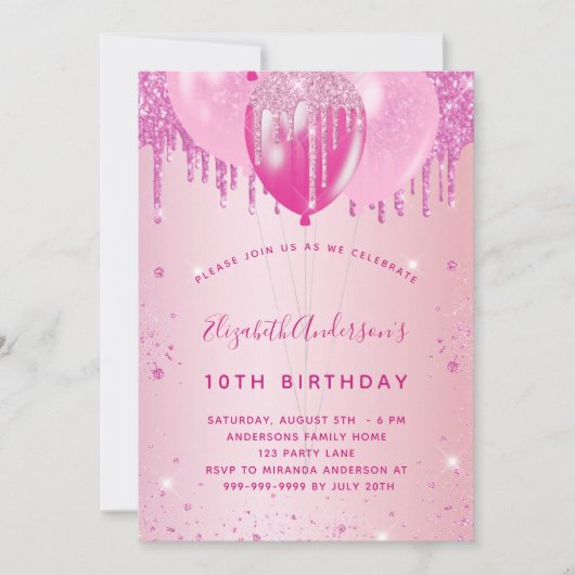 Birthday party blush roze glitter ballonmeisje kaart (Voorkant)