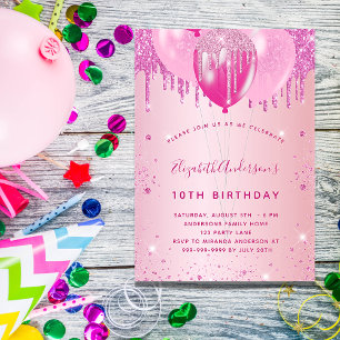 Birthday party blush roze glitter ballonmeisje kaart