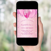 Birthday party blush roze glitter ballonmeisje kaart