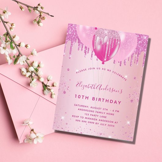 Birthday party blush roze glitter ballonmeisje uitnodiging briefkaart