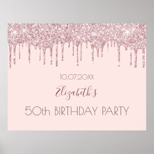 Birthday party blush roze glitter druppelnaam poster (Voorkant)