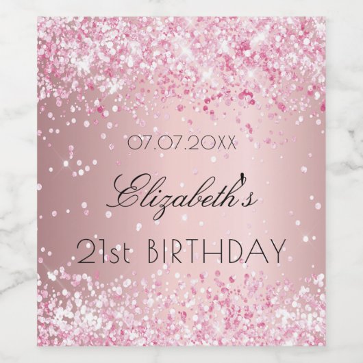 Birthday party blush roze glitter dusty roos name wijn etiket (Enkel label)