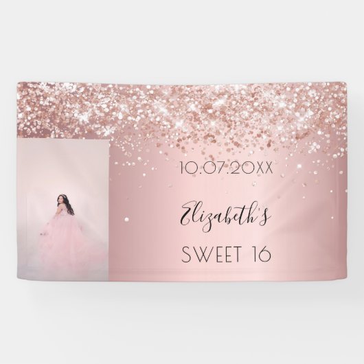 Birthday party blush roze glitter foto welkom spandoek (Horizontaal)
