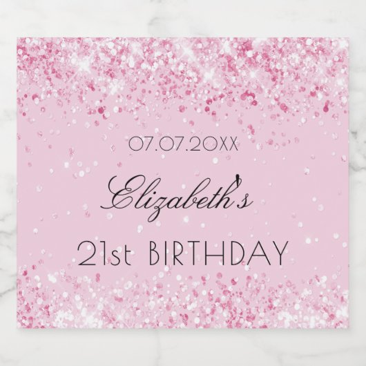 Birthday party blush roze glitter stofnaam sparkling wijnetiket (Enkel label)