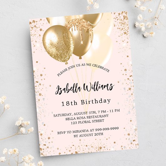 Birthday party blush roze goudballonnen uitnodiging briefkaart