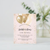 Birthday party blush roze goudballonnen uitnodiging briefkaart (Staand voorkant)