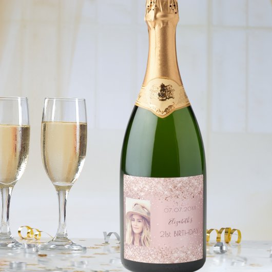 Birthday party blush roze roze roos glitter stoffo sparkling wijnetiket