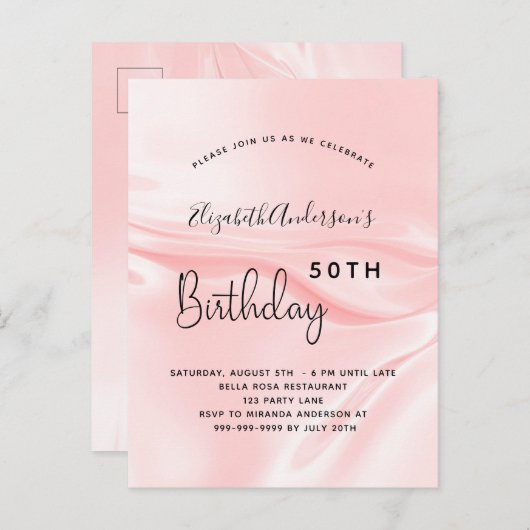 Birthday party blush roze satin rag uitnodiging briefkaart (Voorkant / Achterkant)
