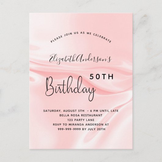 Birthday party blush roze satin rag uitnodiging briefkaart (Voorkant)