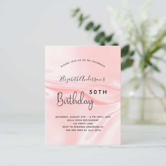 Birthday party blush roze satin rag uitnodiging briefkaart (Staand voorkant)