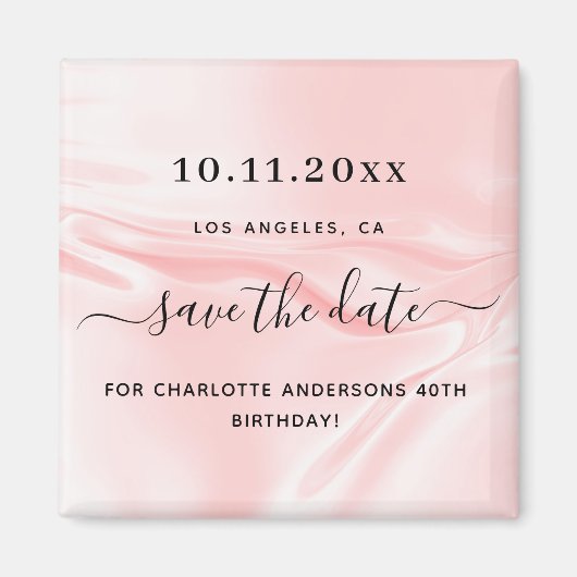 Birthday party blush roze silk satin save the date magneet (Voorkant)