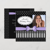 Birthday Party Bow Black Lila White Polka Dots Kaart (Voorkant / Achterkant)
