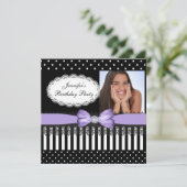 Birthday Party Bow Black Lila White Polka Dots Kaart (Staand voorkant)