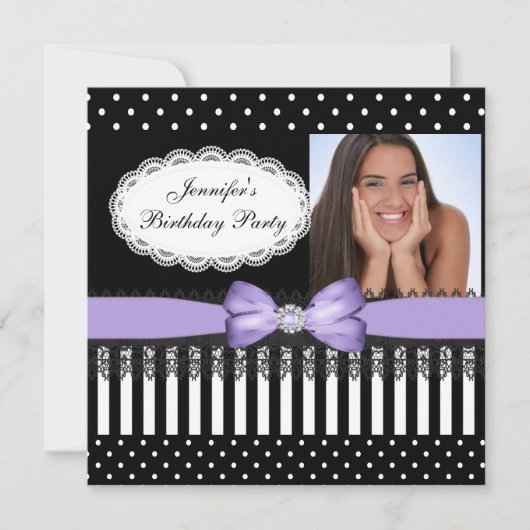 Birthday Party Bow Black Lila White Polka Dots Kaart (Voorkant)