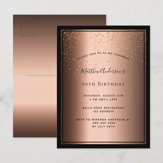 Birthday Party bronze bruin zwarte uitnodiging (Voorkant / Achterkant)