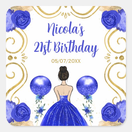 Birthday Party Brown Hair Princess in Blue Vierkante Sticker (Voorkant)