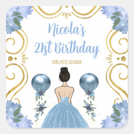 Birthday Party Brown Hair  Princess in Dusty Blue Vierkante Sticker