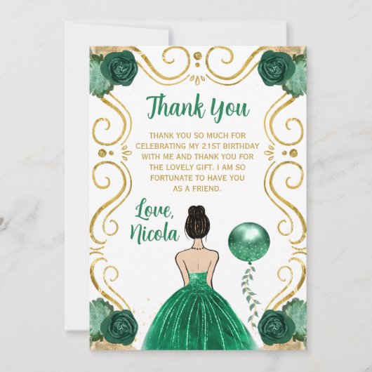 Birthday Party Brown Hair Princess in Green Bedankkaart (Voorkant)