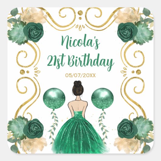 Birthday Party Brown Hair Princess in Green Vierkante Sticker (Voorkant)