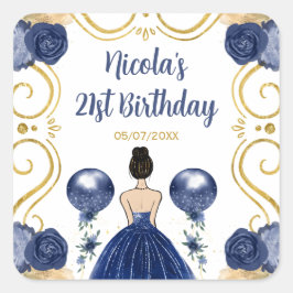 Birthday Party Brown Hair  Princess in Navy Blue Vierkante Sticker