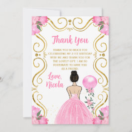 Birthday Party Brown Hair Princess in Pink Bedankkaart