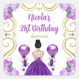 Birthday Party Brown Hair Princess in Purple Vierkante Sticker