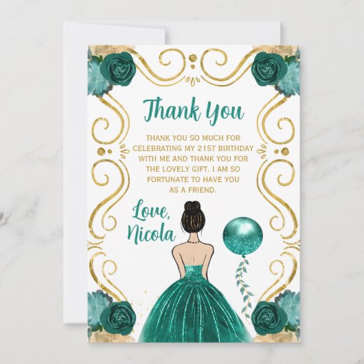 Birthday Party Brown Hair Princess in Teal Bedankkaart (Voorkant)