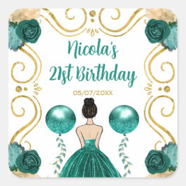 Birthday Party Brown Hair Princess in Teal Vierkante Sticker