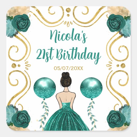 Birthday Party Brown Hair Princess in Teal Vierkante Sticker (Voorkant)
