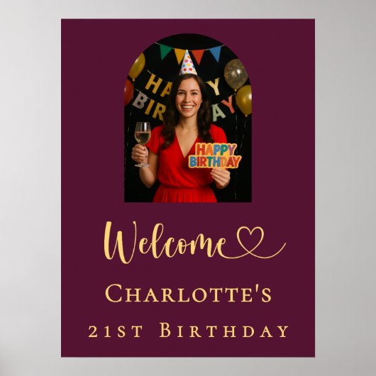 Birthday party burgundy arch photo welcome poster (Voorkant)