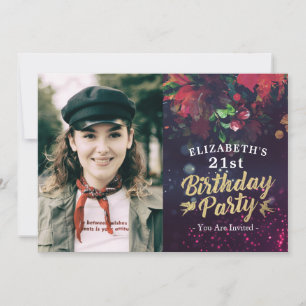 Birthday Party Burgundy Floral Paars Licht Foto Kaart